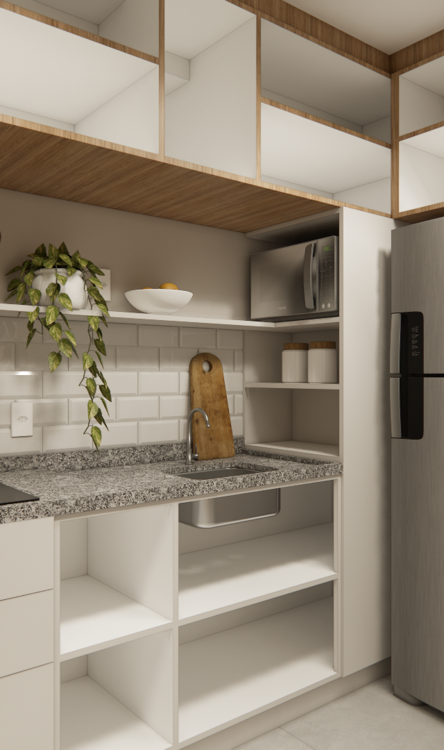 Render 3D de cozinha compacta em tons de branco e madeira, com armários planejados, bancada de granito e azulejos brancos