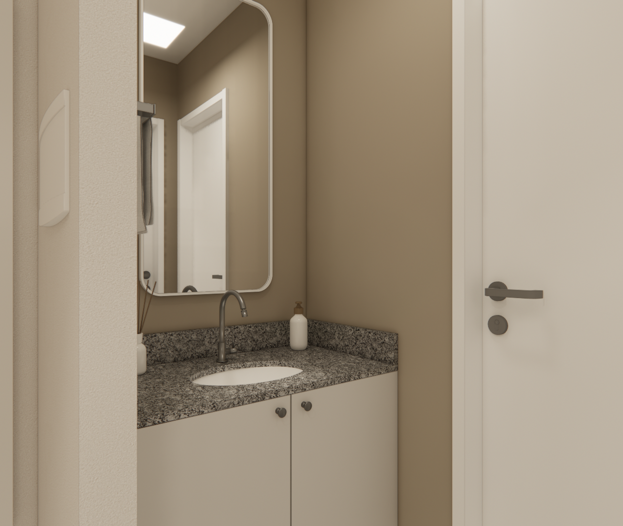 Render 3D de banheiro compacto com bancada em granito cinza, gabinete off-white, espelho retangular e paredes bege