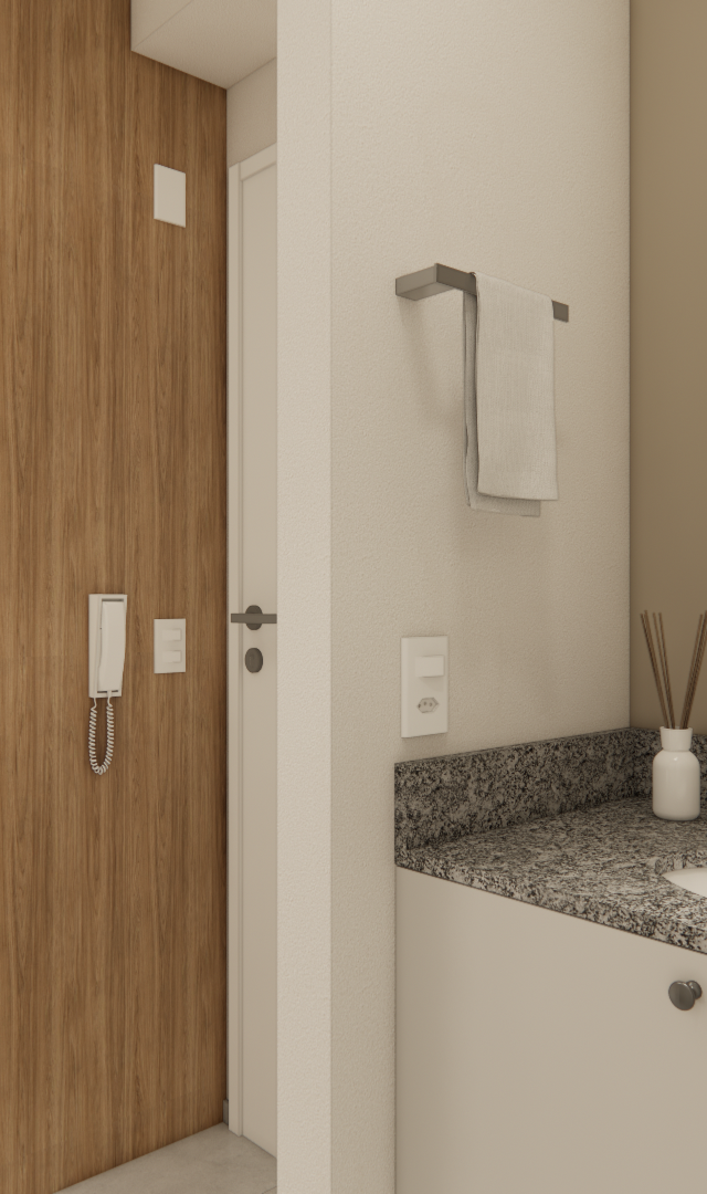 Render 3D de cozinha e lavabo integrados com marcenaria em madeira e branco, bancadas de granito e espelho retangular