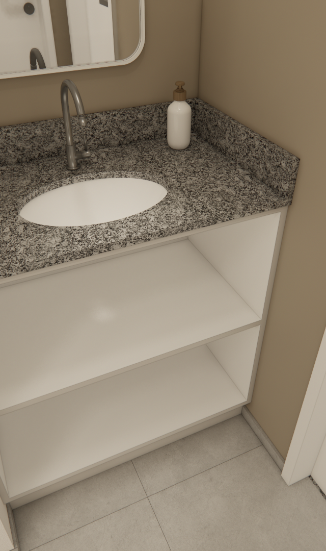 Render 3D de banheiro compacto no B.SIDE Faria Lima, com bancada de granito, cuba branca e marcenaria em nichos abertos