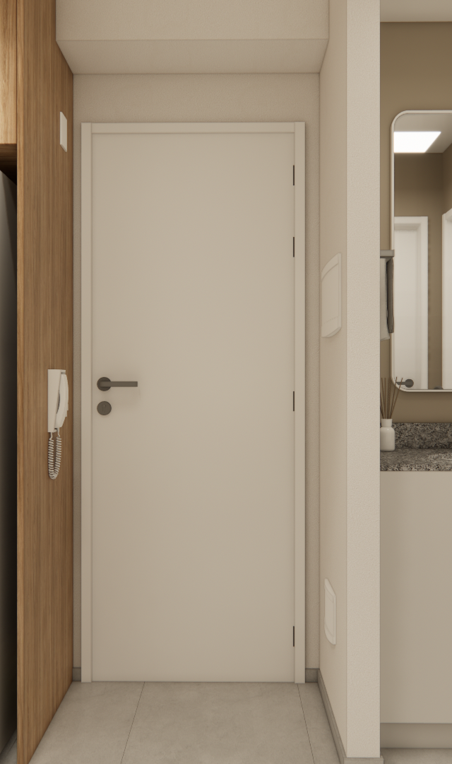 Render 3D de corredor em apartamento com marcenaria em tom madeira, geladeira de inox, porta branca e lavatório com espelho