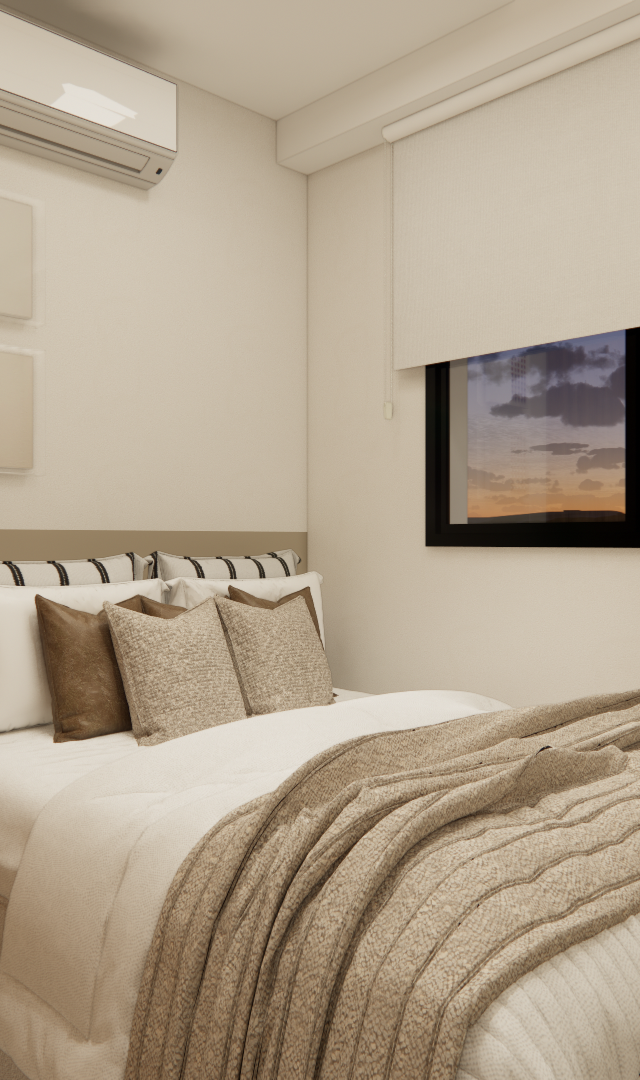 Render 3D de quarto compacto em tons neutros com marcenaria em madeira, cama de casal, janela e luz natural crepuscular