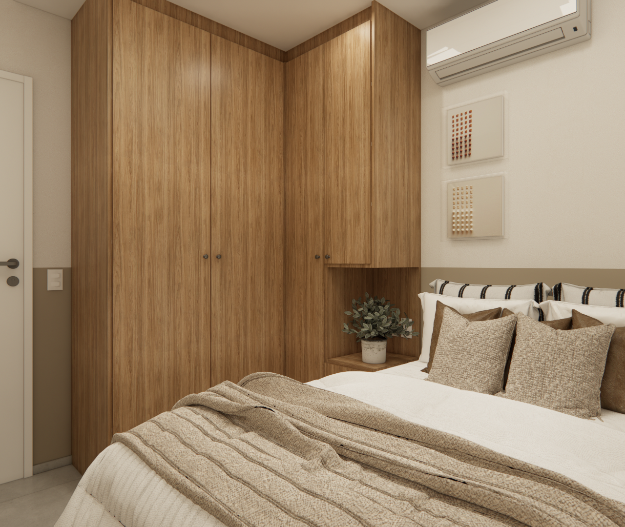 Render 3D de quarto pequeno com armário em madeira, cama com colcha bege, quadros minimalistas e iluminação neutra