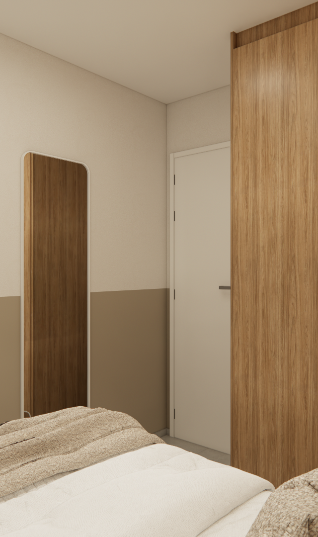 Render 3D de quarto pequeno com armário em madeira, paredes em tons bege e branco, espelho vertical e cama com colcha