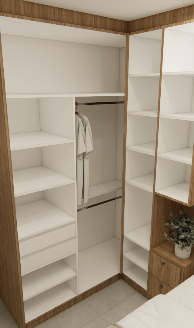 Render 3D de quarto pequeno com armário em L de madeira e nichos brancos, parede bege, cama de casal e ar-condicionado