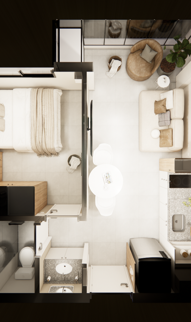 Planta baixa 3D de apartamento 30m² com tons neutros, quarto, sala, cozinha integrada, banheiro e varanda com poltrona