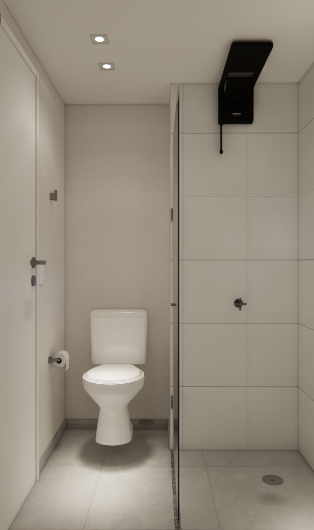 Render 3D de banheiro compacto no B.SIDE Faria Lima, com marcenaria branca, revestimento claro e iluminação embutida