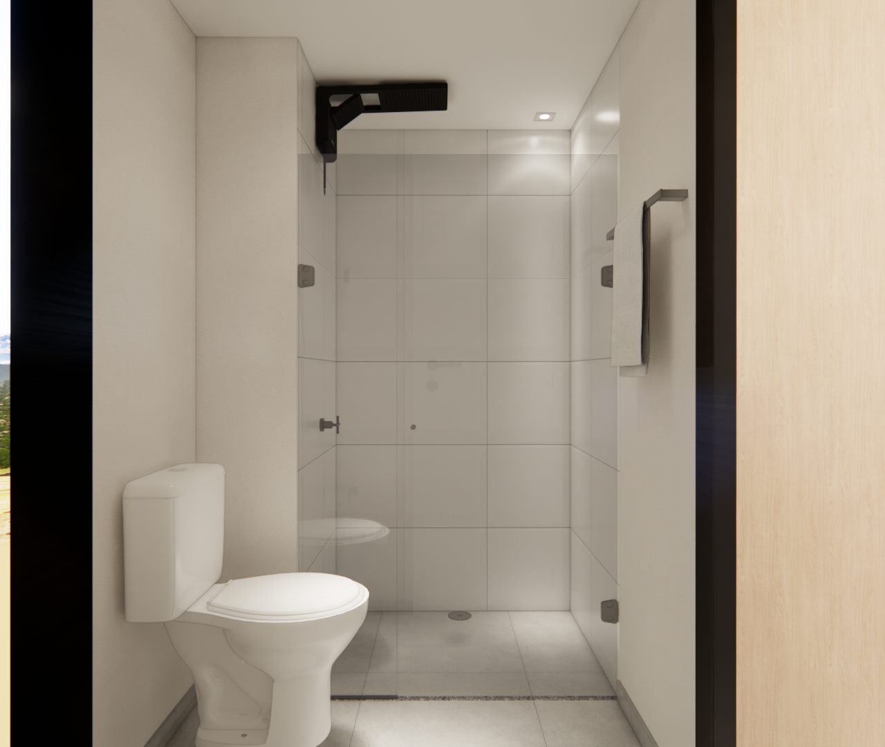 Render 3D de banheiro compacto com vaso branco, box de vidro, metais pretos, revestimento claro e vista para paisagem