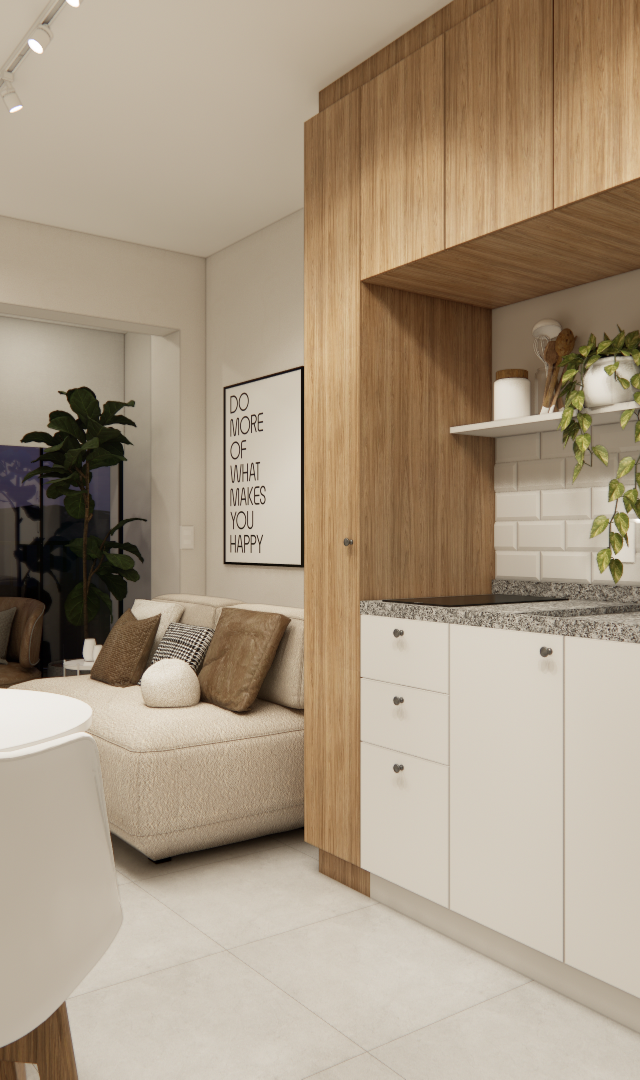 Render 3D de sala e cozinha integrada, armários em madeira e branco, mesa redonda, sofá bege, plantas e luz natural