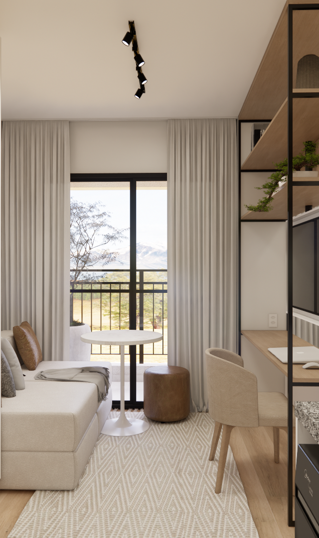 Render de studio de 31m² com marcenaria em madeira e branco, bancadas em granito, tons neutros e iluminação suave