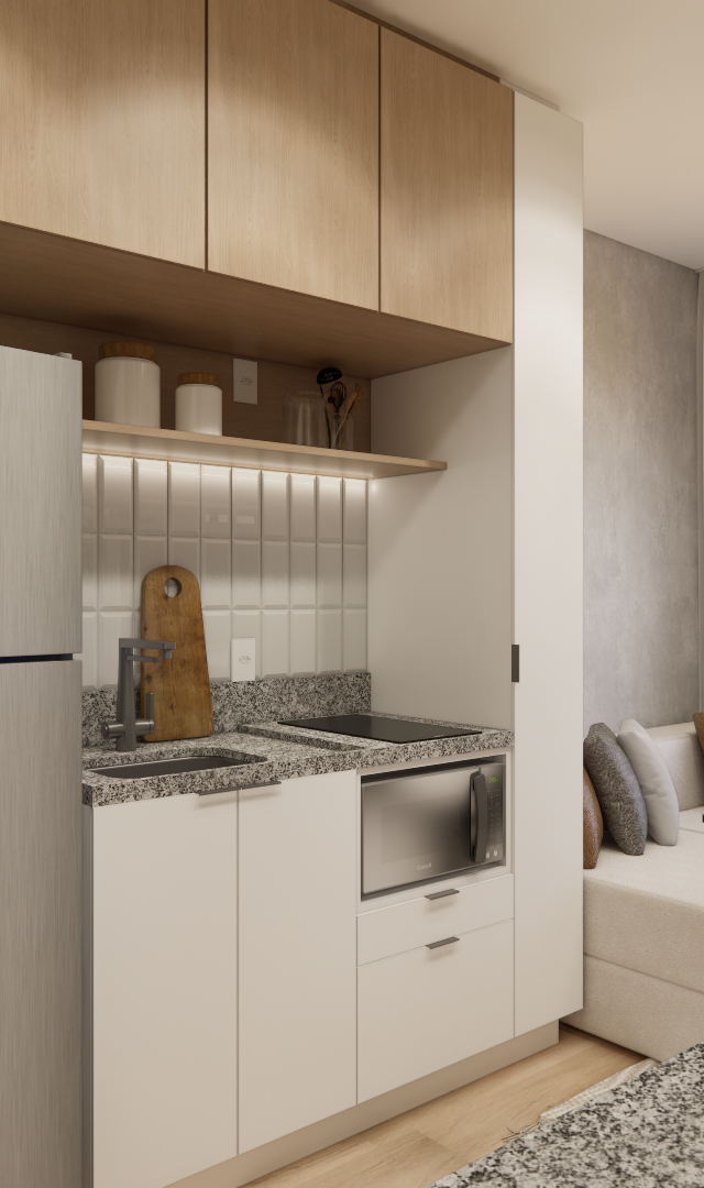 Render de cozinha compacta e sala integrada com armários em madeira, bancada de granito, tons neutros e luz natural