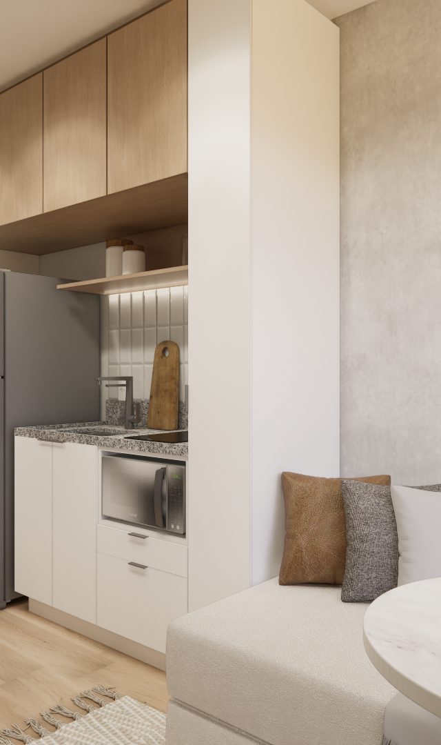 Render 3D de cozinha compacta com marcenaria branca e amadeirada, bancada em granito, parede de cimento queimado e sofá