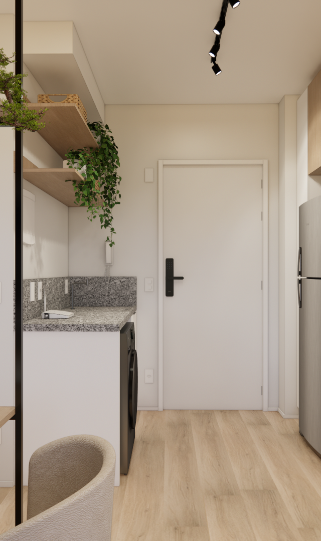 Render 3D de estúdio compacto com cozinha linear, marcenaria em tons de madeira e branco, bancada em granito e iluminação