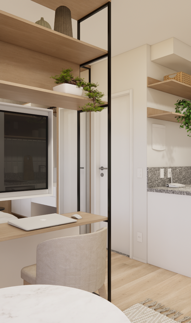 Render 3D de estúdio com 31m² na Liberdade, marcenaria em madeira clara, estrutura metálica, área de serviço e TV integrada