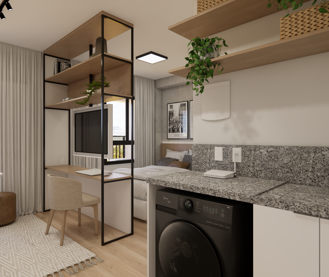 Render 3D de estúdio de 31m² com marcenaria em madeira e metal, cozinha com bancada em granito e lavadora preta integrada