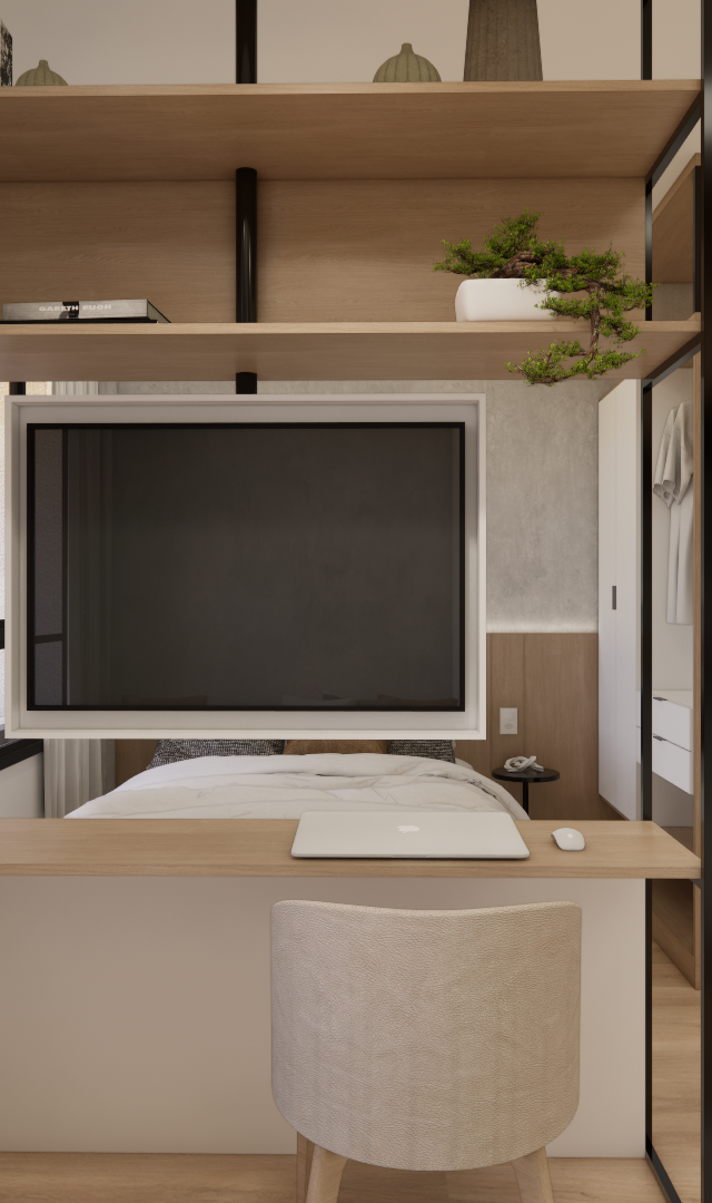 Render 3D de estante de marcenaria em madeira e metal preto, com TV e bancada, integrando sala e quarto no estúdio de 31m²