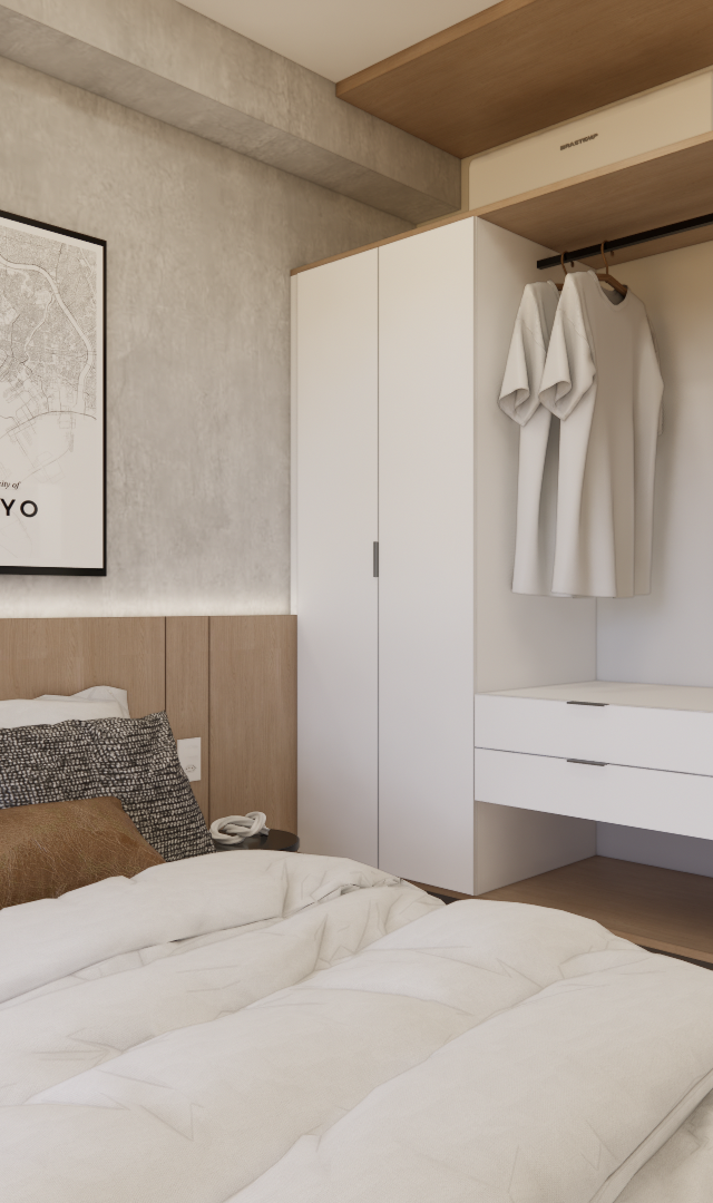 Render 3D de quarto pequeno com cama, guarda-roupa branco e madeira, parede de cimento queimado e quadros de Tóquio