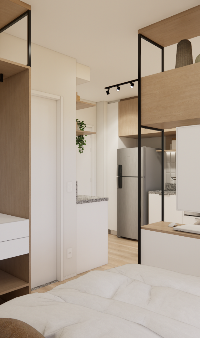 Render 3D de estúdio com marcenaria em tons de madeira e branco, cama, guarda-roupa aberto e cozinha integrada ao fundo