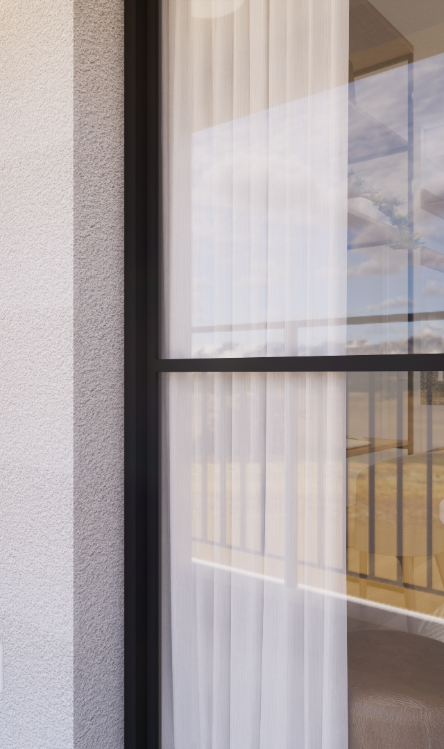 Render 3D de varanda com condensadora de ar-condicionado, parede de textura clara e porta de correr preta com cortina