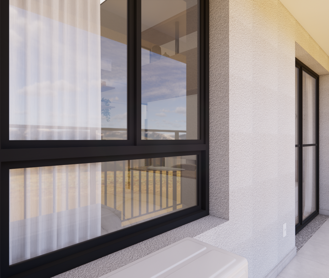 Render 3D de varanda com paredes texturizadas claras, esquadrias pretas, cortina branca e vaso com planta em tom natural