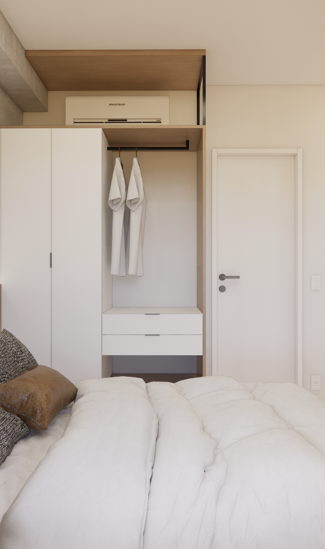 Render de quarto de 31m² com marcenaria em tons de madeira e branco, cama, armário aberto e quadros de Tóquio na parede