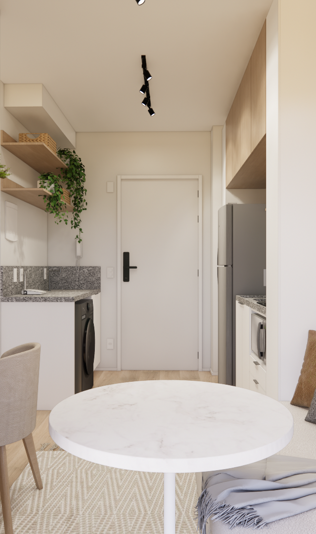 Render 3D de estúdio de 31m² com marcenaria em tons claros, mesa redonda de mármore, sofá, bancada de trabalho e cozinha