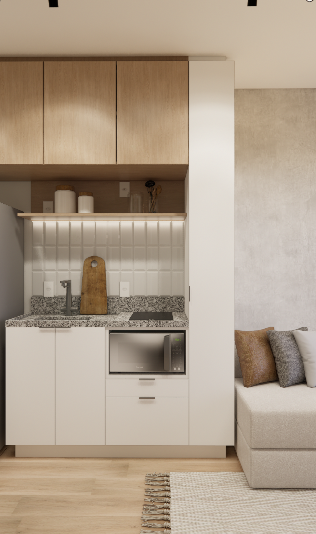 Render 3D de cozinha compacta com marcenaria em madeira e branco, geladeira inox, sofá bege e mesa redonda em tons neutros