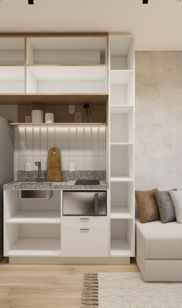 Render 3D de estúdio compacto com cozinha planejada branca, geladeira inox, sofá bege, parede de cimento queimado e varanda