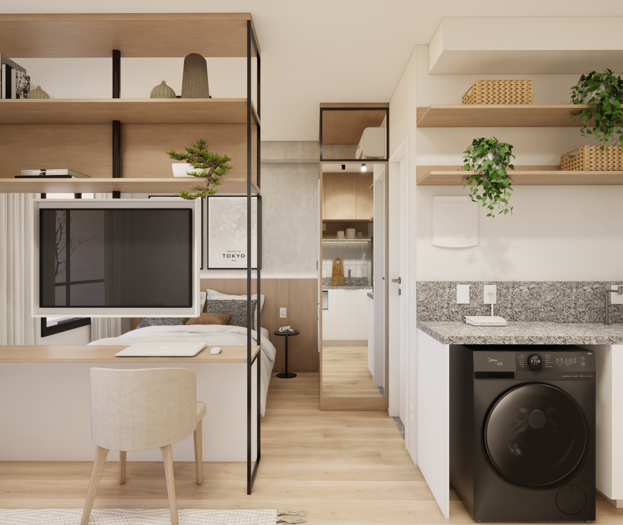 Render 3D de estúdio com 31m²: marcenaria em madeira clara, estrutura preta, bancada em granito, máquina lava e seca e plantas