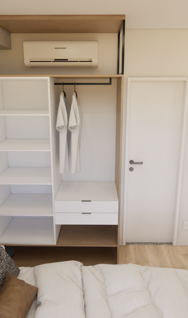 Render 3D de quarto pequeno com cama, guarda-roupa aberto em madeira e branco, paredes em concreto e quadros decorativos