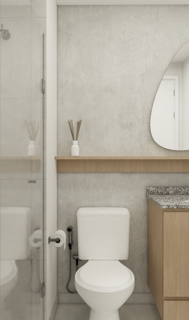 Render 3D de banheiro compacto com revestimento cinza, marcenaria em madeira clara, bancada em granito e espelho orgânico