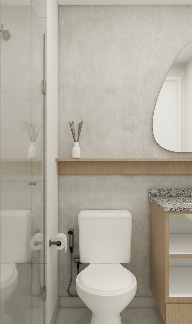 Render 3D de banheiro moderno em tons de cinza com revestimento cimentício, marcenaria em madeira e espelho orgânico