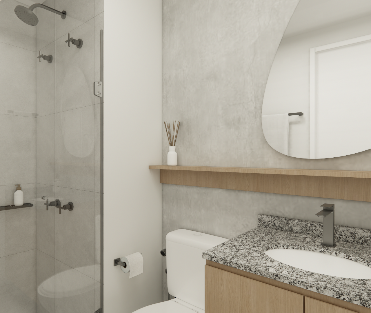 Render 3D de banheiro compacto: box de vidro, paredes em cimento queimado, espelho orgânico, bancada granito e marcenaria