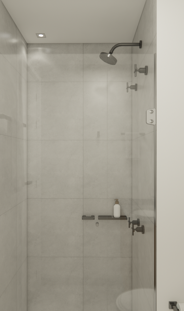 Render 3D de banheiro moderno em tons cinza com box de vidro, metais escuros, prateleira de madeira e iluminação embutida