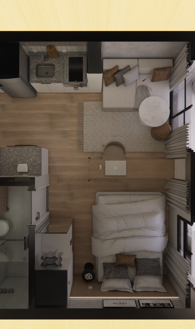 Planta baixa 3D de apartamento 31m² com cozinha, sala, dormitório, banheiro, marcenaria clara e piso amadeirado
