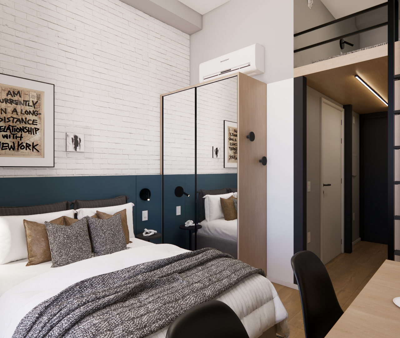 Render 3D de quarto no RS - Sergipe com parede de tijolos brancos, painel azul, armário espelhado e mezanino com escada