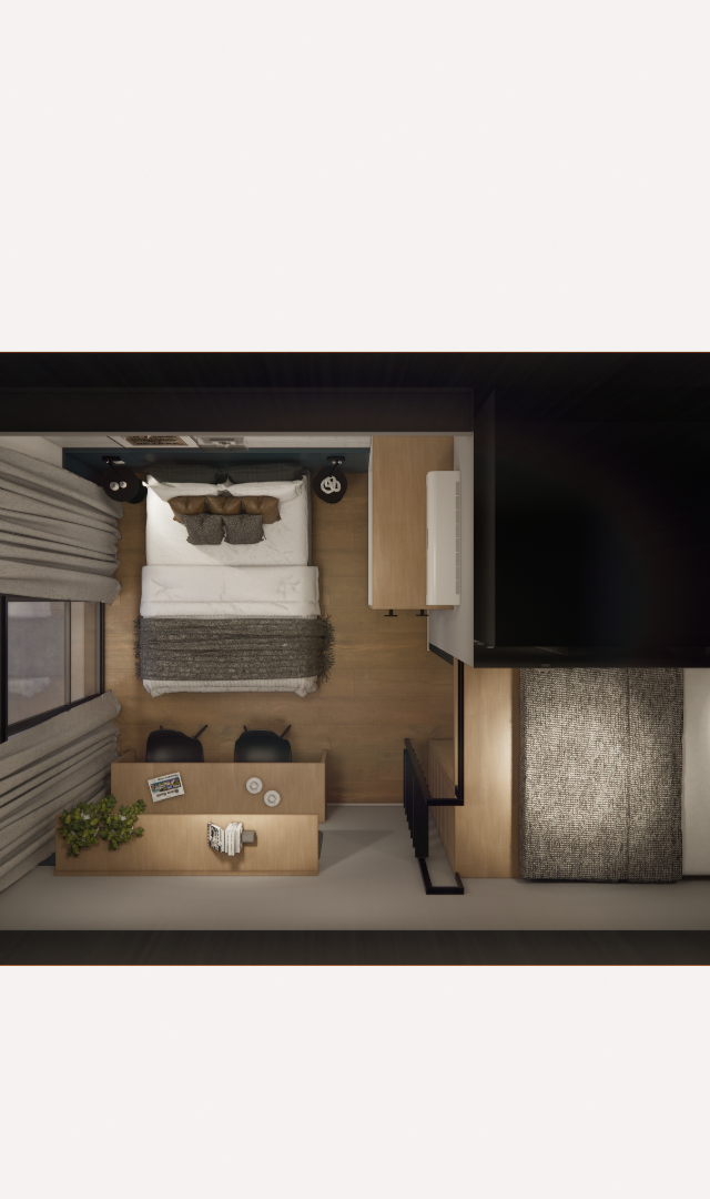 Planta 3D vista superior de apartamento na Consolação com quartos, mobiliário em madeira, tons neutros e iluminação suave