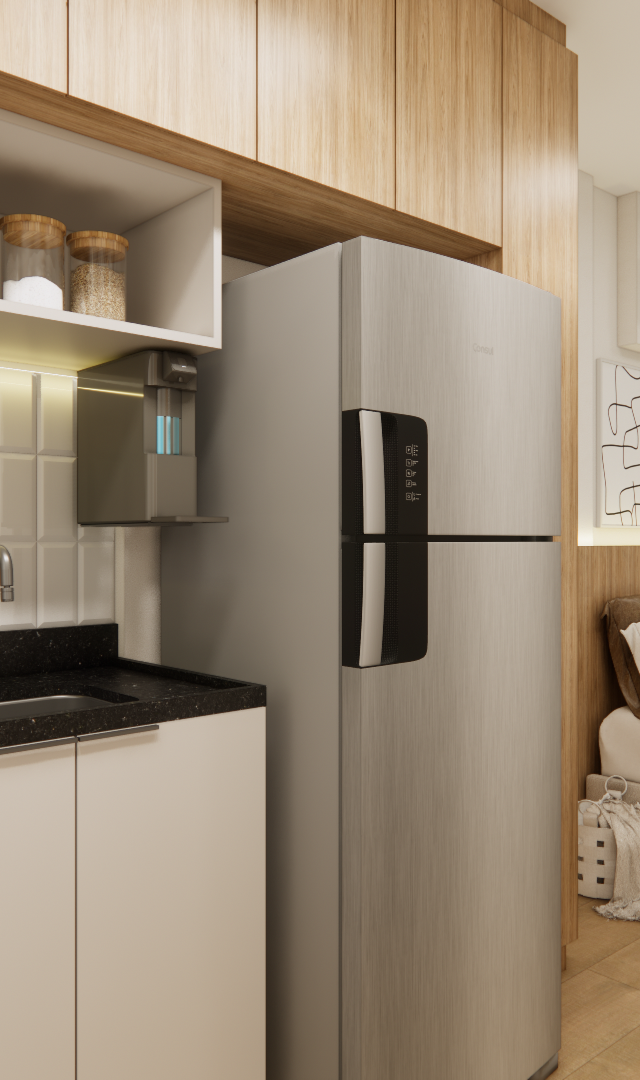 Render de studio compacto com cozinha planejada branca e madeira, bancada de granito preto, geladeira e cama integrada