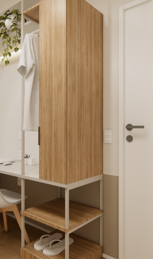 Render 3D de quarto compacto com marcenaria em madeira e metal branco, mesa de estudos, cadeiras claras e iluminação led