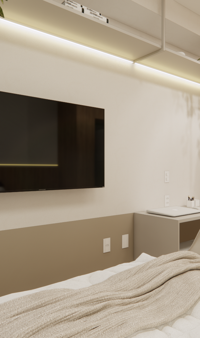 Render 3D de estúdio em Pinheiros com cama, TV, marcenaria em tons claros e madeira, espelho orgânico e iluminação linear