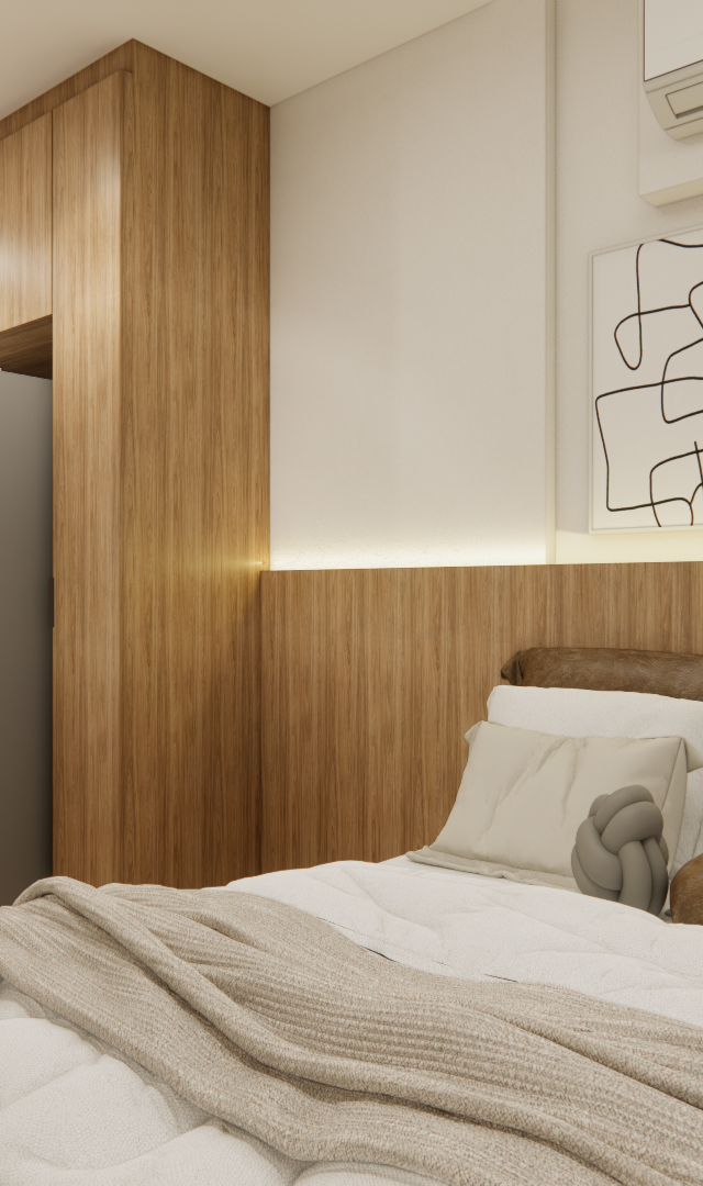 Render 3D de estúdio em Pinheiros com cama, marcenaria em madeira clara, cozinha compacta, quadros e iluminação quente
