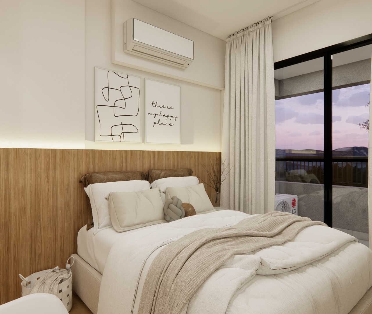 Render 3D de quarto compacto com cabeceira de madeira, iluminação indireta, cama com enxoval neutro e varanda ao fundo