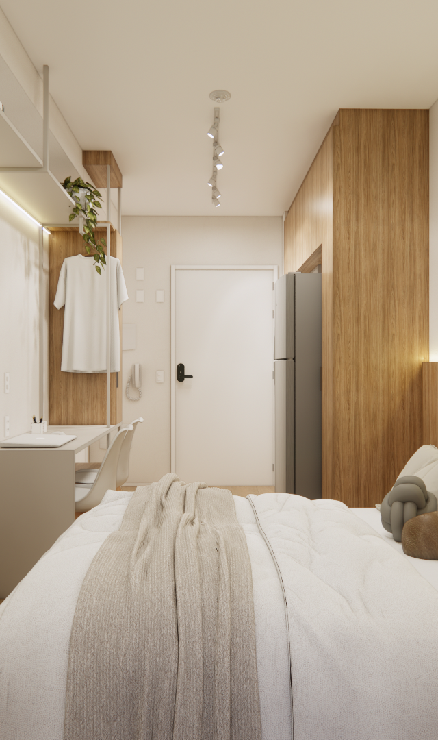 Render 3D de estúdio em Pinheiros com cama, marcenaria em tons amadeirados, parede bicolor, espelho e iluminação indireta