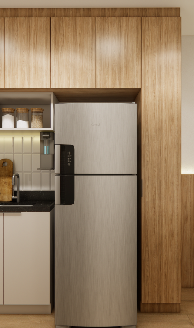 Render 3D de estúdio em Pinheiros com marcenaria em madeira e bege, bancada preta, geladeira inox e cama com painel ripado