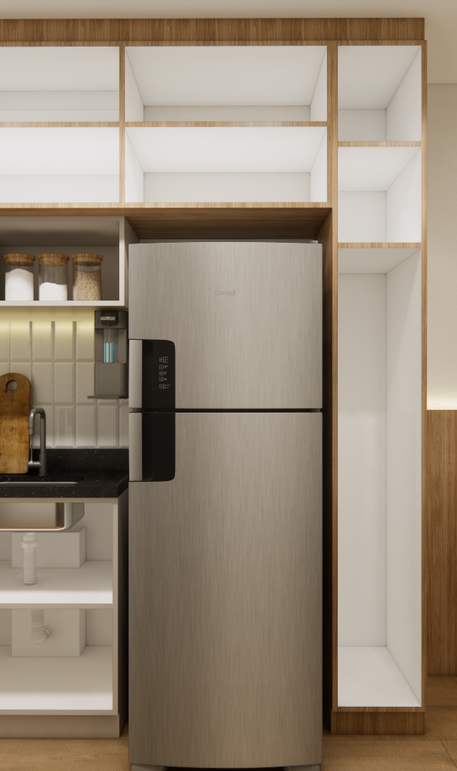 Render 3D de estúdio compacto em Pinheiros com cozinha linear, marcenaria em madeira e tons claros, pia preta e cama