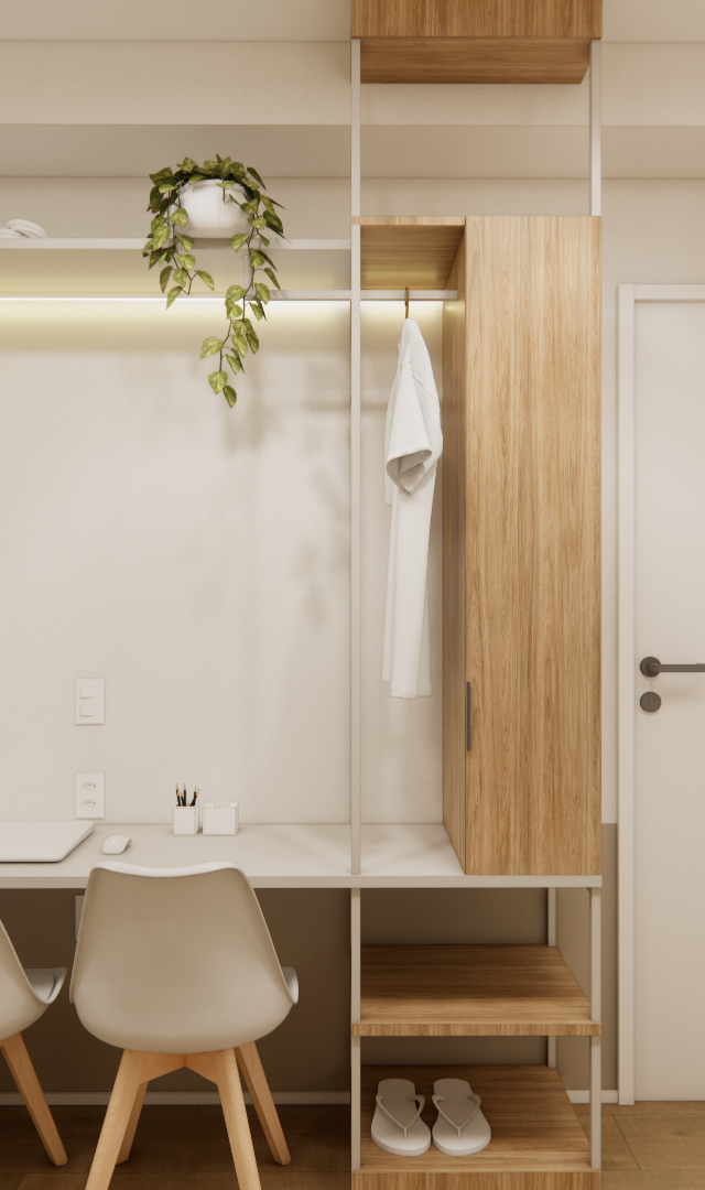 Render 3D de home office em apartamento compacto, com marcenaria em madeira clara, prateleiras metálicas e tons neutros