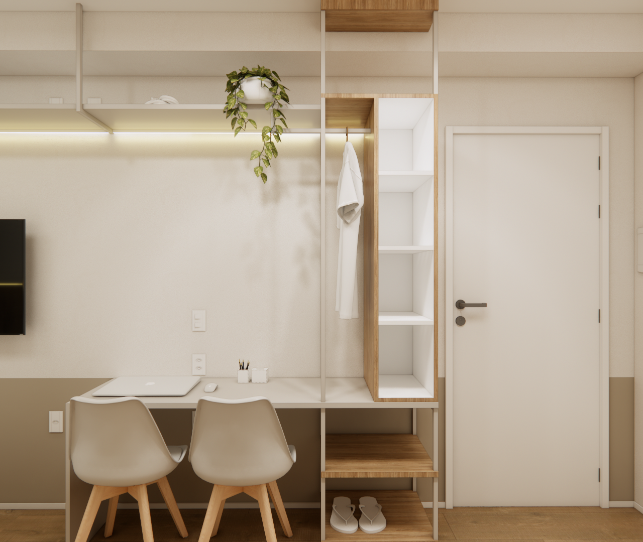 Render 3D de home office em apartamento compacto, marcenaria em madeira clara e branco, iluminação linear e tons neutros