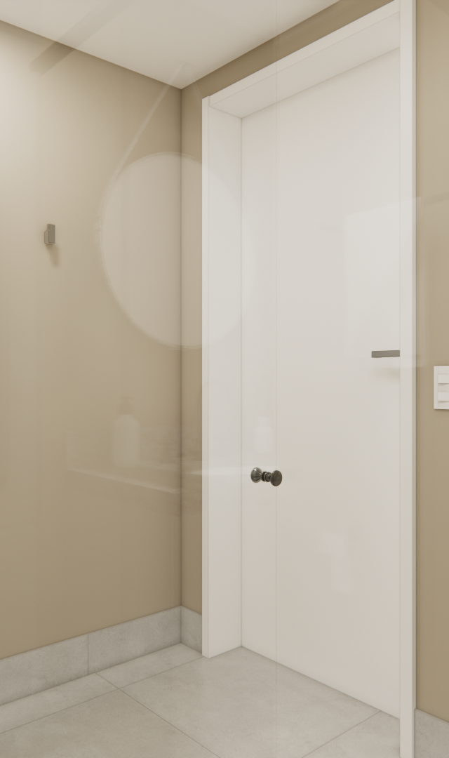 Render 3D de banheiro compacto bege com vaso sanitário branco, bancada em pedra clara, porta branca e piso cinza neutro