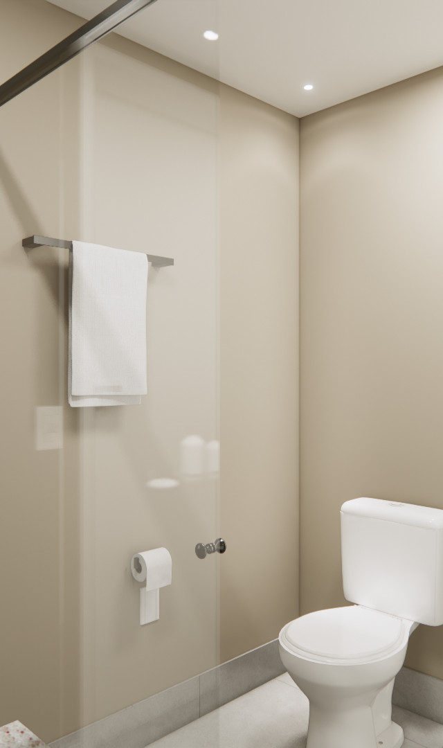 Render 3D de banheiro compacto com box de vidro, paredes bege, piso cinza e iluminação em spots no teto em Pinheiros