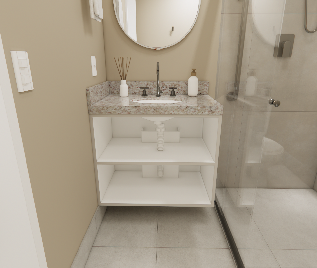 Render 3D de banheiro compacto com gabinete branco aberto, bancada em pedra bege, espelho redondo e box de vidro em SP